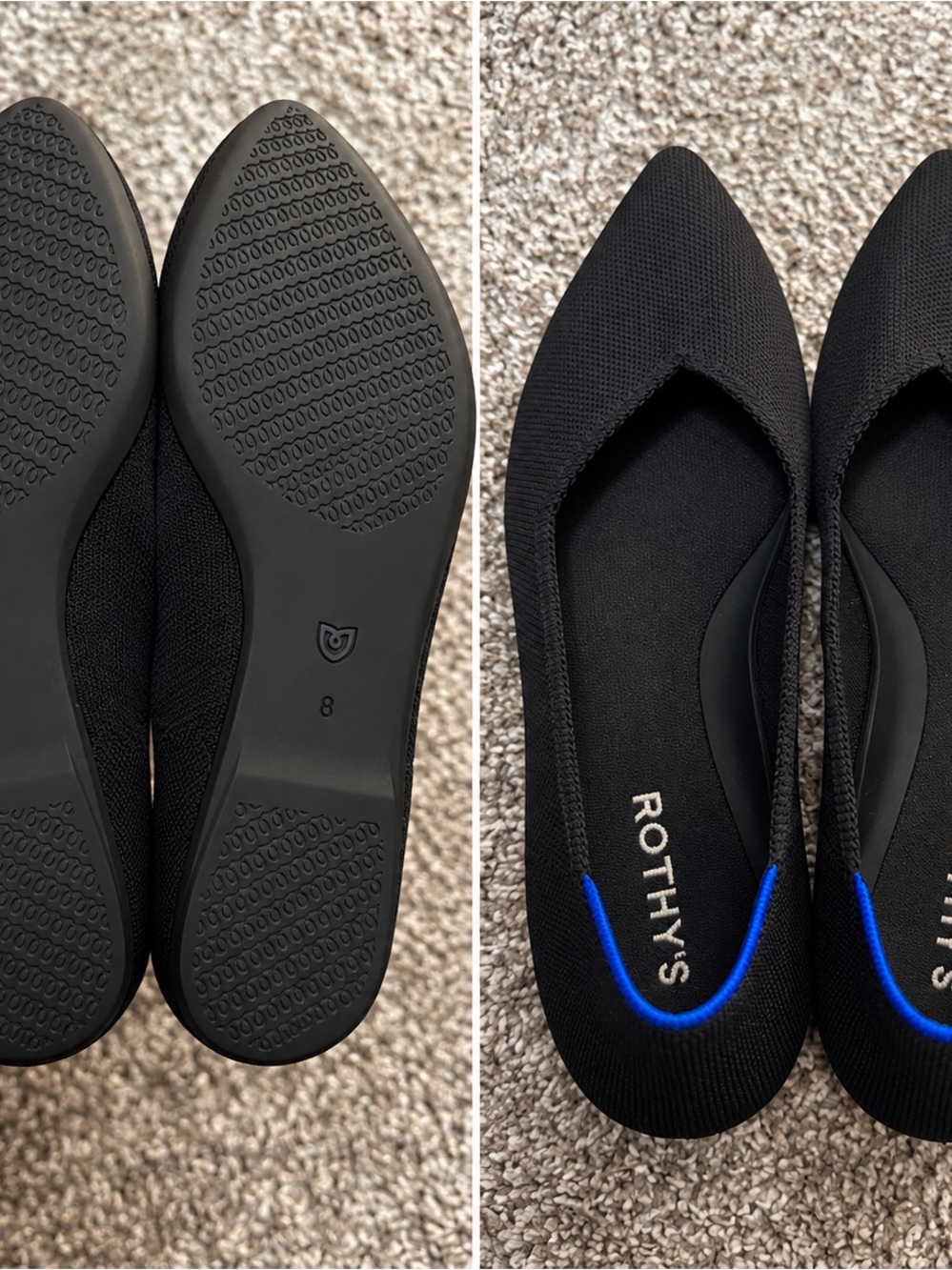 Rothy's Black Pointed Knit Flats with Blue Trim